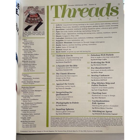 VTG. Threads Magazine Dec 1990 Embroidery Czech Apron Knitting Sewing Needlework - Picture 4 of 9